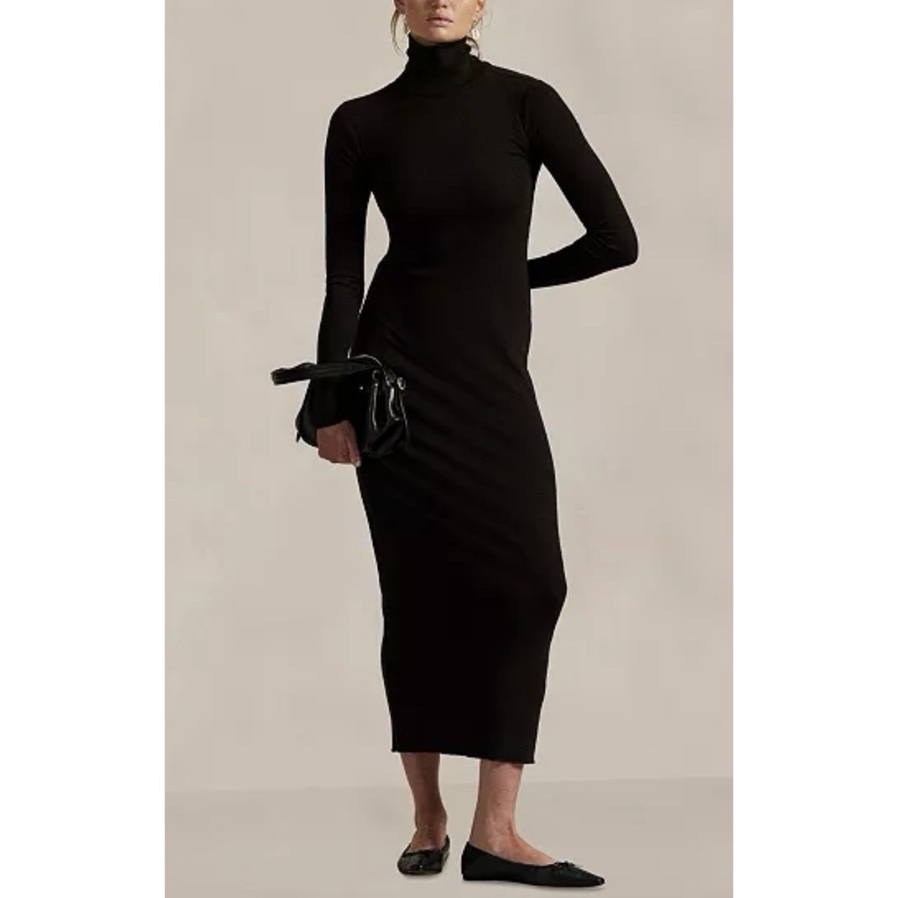 NWT Lauren Ralph Lauren Merino Wool Angora Black Turtleneck Sweater Dress M